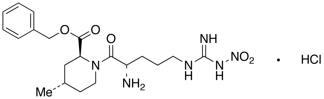 Chemical structure of (2S,4S)-1-[(2S)-2-Amino-5-[[imino(nitroamino)methyl]amino]-1-oxopentyl]-4-methyl-2-piperidinecarboxylic Acid Benzyl Ester Hydrochloride