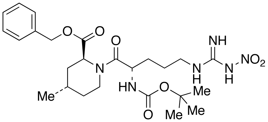 Chemical structure of 2S,4S)-1-[(2S)-2-[(tert-Butyloxycarbonyl)amino]-5-[[imino(nitroamino)methyl]amino]-1-oxopentyl]-4-methyl-2-piperidinecarboxylic Acid Benzyl Este