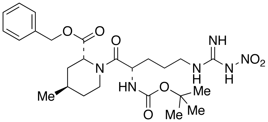 Chemical structure of (2R,4R)-1-[(2S)-2-[(tert-Butyloxycarbonyl)amino]-5-[[imino(nitroamino)methyl]amino]-1-oxopentyl]-4-methyl-2-piperidinecarboxylic Acid Benzyl Ester
