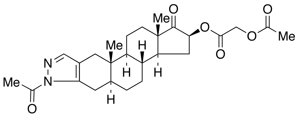 Chemical structure of (5α,16β)-N-Acetyl-16-[2-(acetyloxy)acetyloxy)-2'H-androst-2-eno[3,2-c]pyrazol-17-one