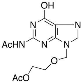 Chemical structure of 2-[[2-(acetylamino)-6-oxo-1,6-dihydro-7H-purin-7-yl]methoxy]ethyl acetate