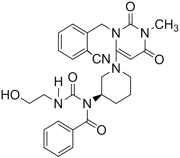 Chemical structure of (R)-N-(1-(3-(2-cyanobenzyl)-1-methyl-2,6-dioxo-1,2,3,6-tetrahydropyrimidin-4-yl)piperidin-3-yl)-N-((2-hydroxyethyl)carbamoyl)benzamide