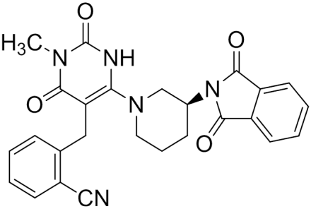 Chemical structure of (S)-2-((6-(3-(1,3-Dioxoisoindolin-2-yl)piperidin-1-yl)-3-methyl-2,4-dioxo-1,2,3,4-tetrahydropyrimidin-5-yl)methyl)benzonitrile
