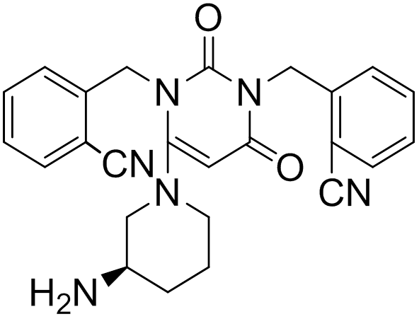 Chemical structure of (R)-2,2'-((6-(3-Aminopiperidin-1-yl)-2,4-dioxopyrimidine-1,3(2H,4H)-diyl)bis(methylene))dibenzonitrile