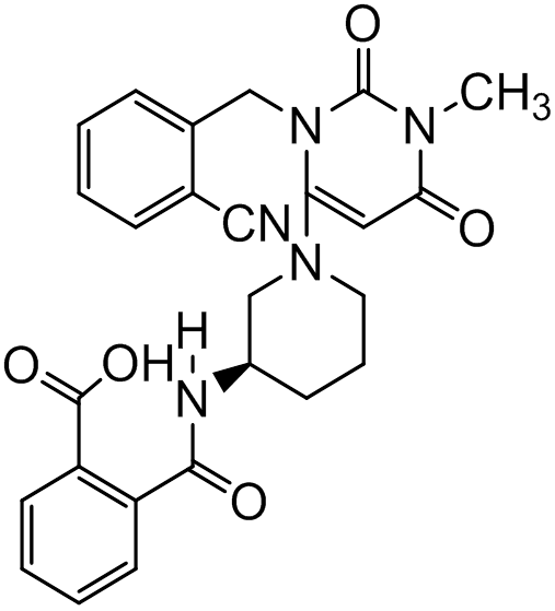 Chemical structure of (R)-2-((1-(3-(2-Cyanobenzyl)-1-methyl-2,6-dioxo-1,2,3,6-tetrahydropyrimidin-4-yl)piperidin-3-yl)carbamoyl)benzoic Acid