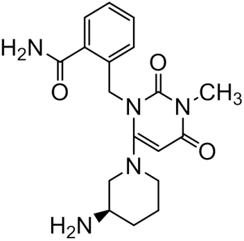 Chemical structure of (R)-2-((6-(3-Aminopiperidin-1-yl)-3-methyl-2,4-dioxo-3,4-dihydropyrimidin-1(2H)-yl)methyl)benzamide