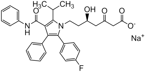 Chemical structure of (5R)-7-[2-(4-fluorophenyl)-3-phenyl-4-(phenylcarbamoyl)-5-(1-methylethyl)-1H-pyrrol-1-yl]-5- hydroxy-3-oxoheptanoic Acid Sodium Salt