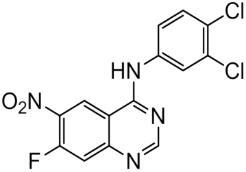 Chemical structure of N-(3,4-dichlorophenyl)-7-fluoro-6-nitroquinazolin-4-amine
