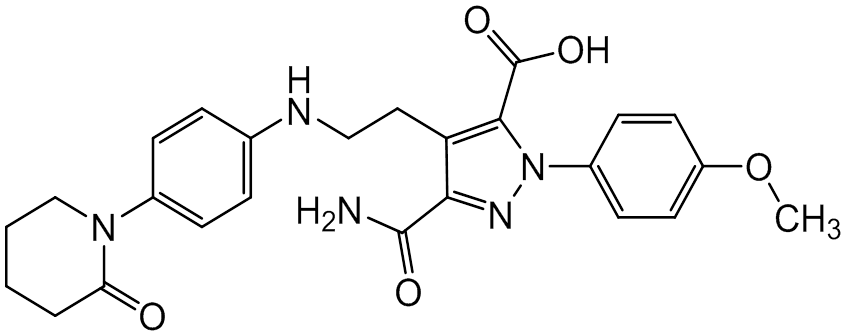 Chemical structure of 3-Carbamoyl-1-(4-methoxyphenyl)-4-(2-(4-(2-oxopiperidin-1-yl)phenylamino)ethyl)-1H-pyrazole-5-carboxylic Acid