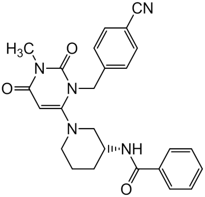 Chemical structure of (R)-N-(1-(3-(4-Cyanobenzyl)-1-methyl-2,6-dioxo-1,2,3,6-tetrahydropyrimidin-4-yl)piperidin-3-yl)benzamide