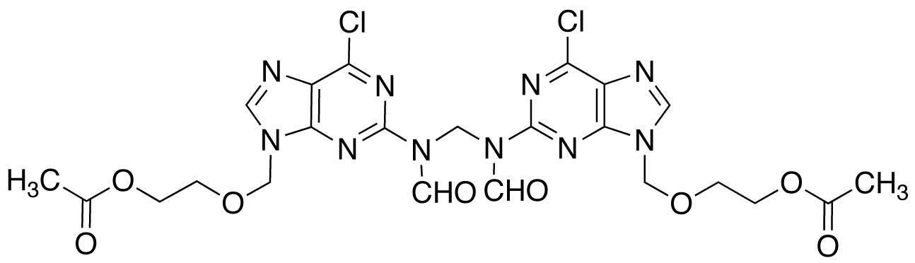 Chemical structure of Bis [Acetyl 2-[(2-Formamide-1,6-dihydro-6-chloro-9H-purin-9yl)methoxy]ethyl Ester]