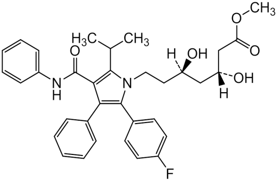 Chemical structure of Methyl (3R,5R)-7-[2-(4-fluorophenyl)-3-phenyl-4-(phenylcarbamoyl)-5-(1-methylethyl)-1Hpyrrol- 1-yl]-3,5-dihydroxyheptanoate