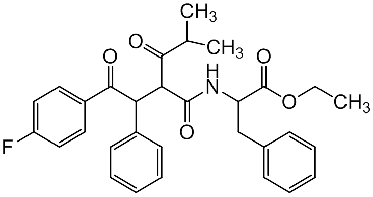 Chemical structure of 2-(2-(2-(4-fluoro-phenyl)-2-oxo-1-phenyl-ethyl)-4-methyl-3-oxo-pentanoylamino)-3-phenyl-propionic Acid Ethyl Ester