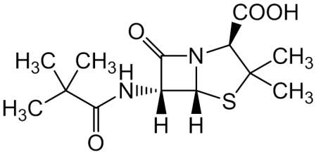 Chemical structure of (2S,5R,6R)-6-[(2,2-Dimethylpropanoyl)amino]-3,3-dimethyl-7-oxo-4-thia-1-azabicyclo[3.2.0]heptane-2-carboxylic Acid